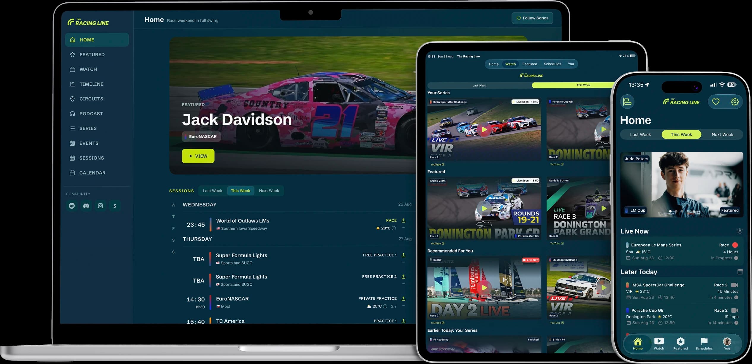 The Racing Line running on a MacBook, iPad, and iPhone