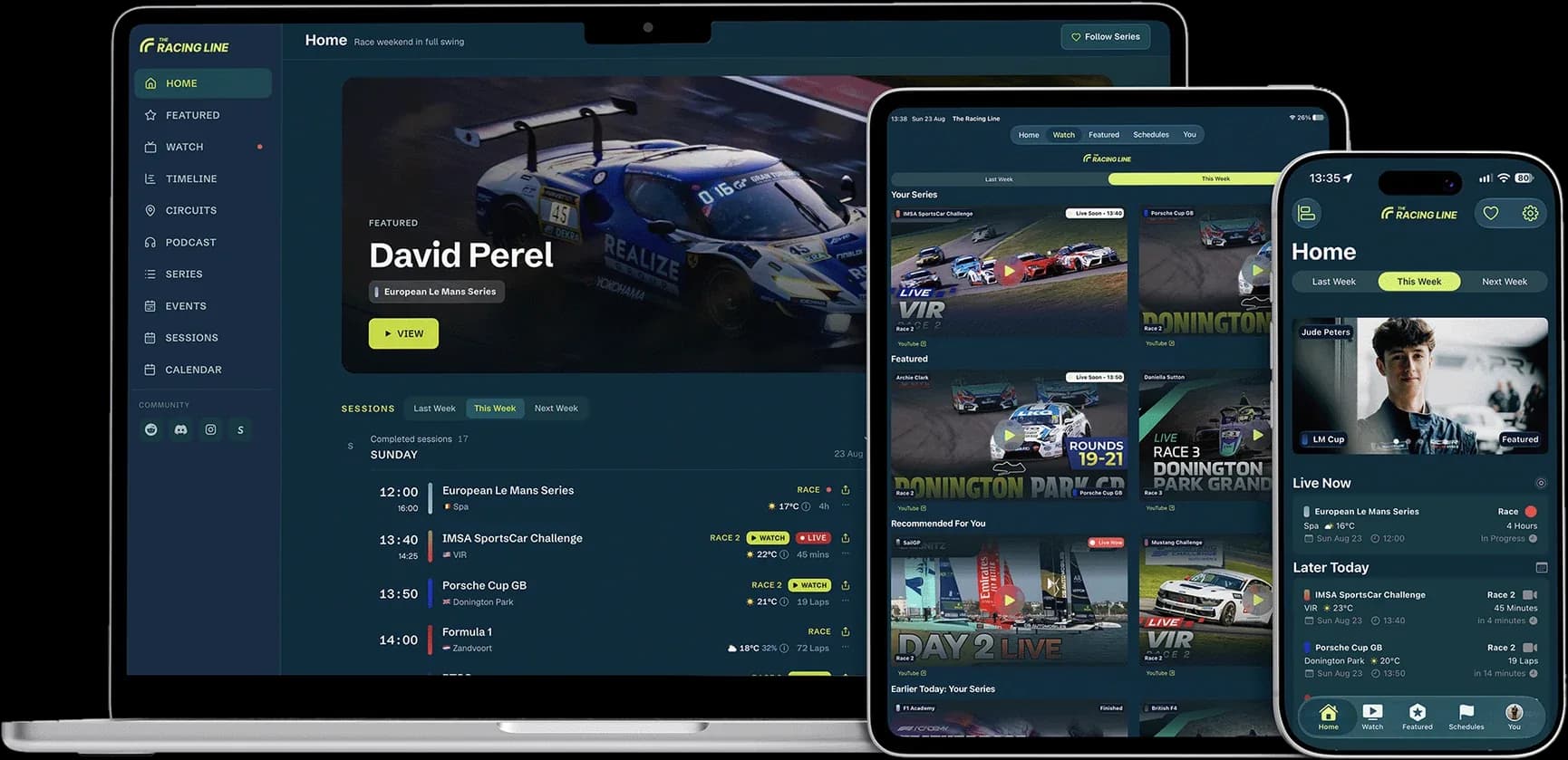 The Racing Line running on a MacBook, iPad, and iPhone