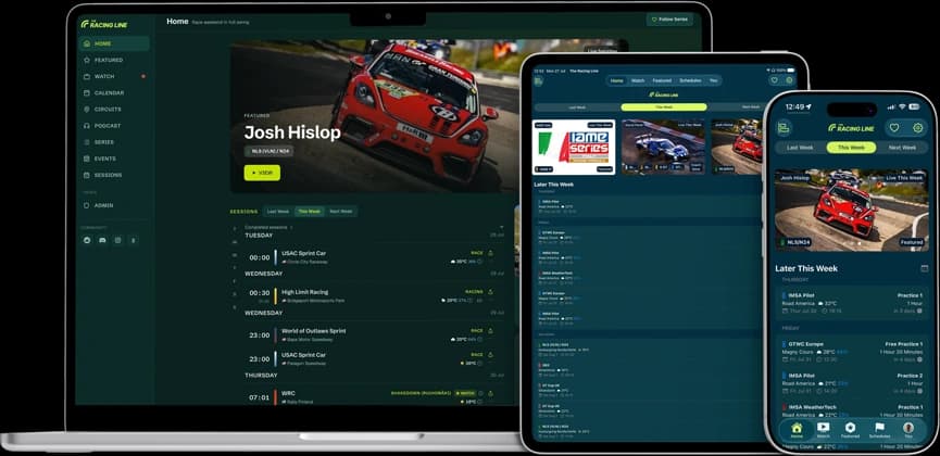 The Racing Line running on a MacBook, iPad, and iPhone