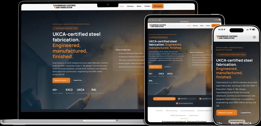 Charnwood Coatings & Fabrication website on a MacBook, iPad, and iPhone