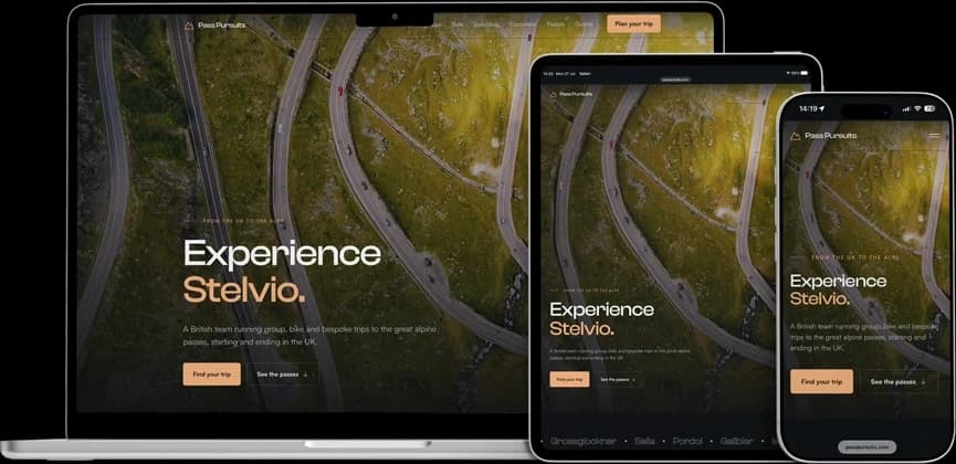 Pass Pursuits website on a MacBook, iPad, and iPhone